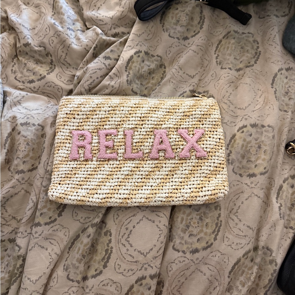 Stoney Clover Lane Beige and Pink Raffia Flat pouch